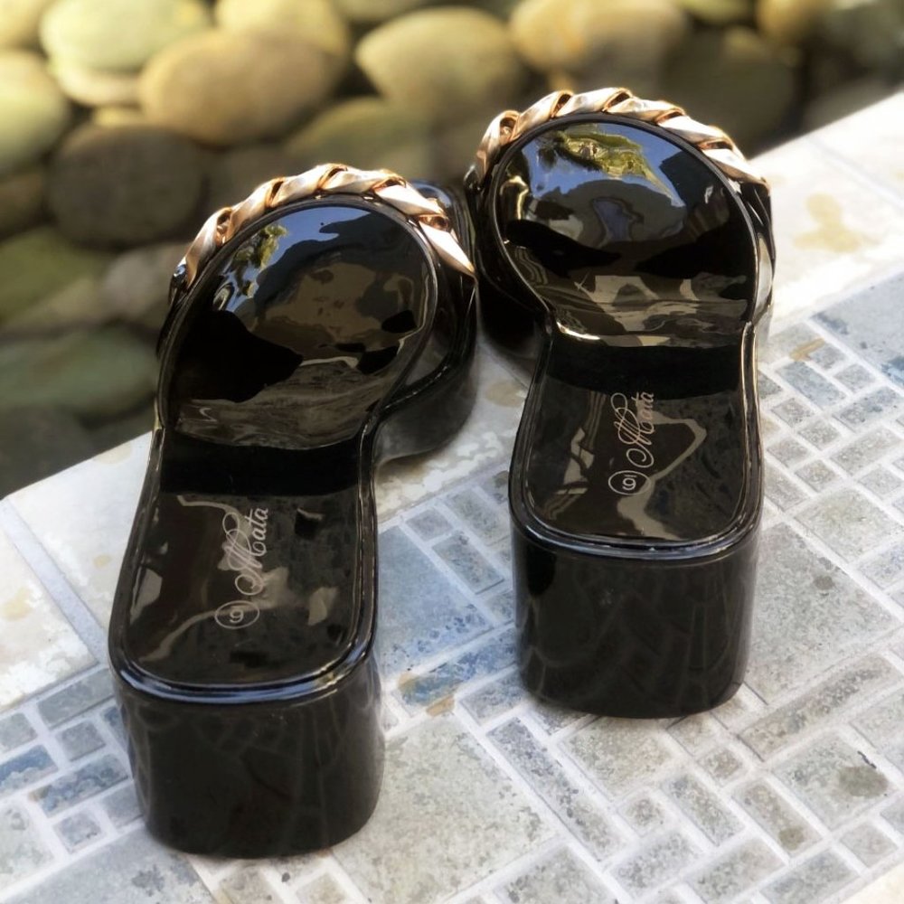 NEW Black Gold Chain Jelly Rubber Block Heel Platform Slip On Slides Sandals - Picture 7 of 10